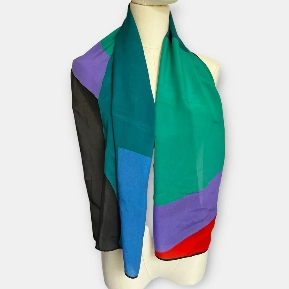 VTG 80s Vera Neumann Silk Scarf Headscarf Neckerchief Colorblock Bright 15x50”
